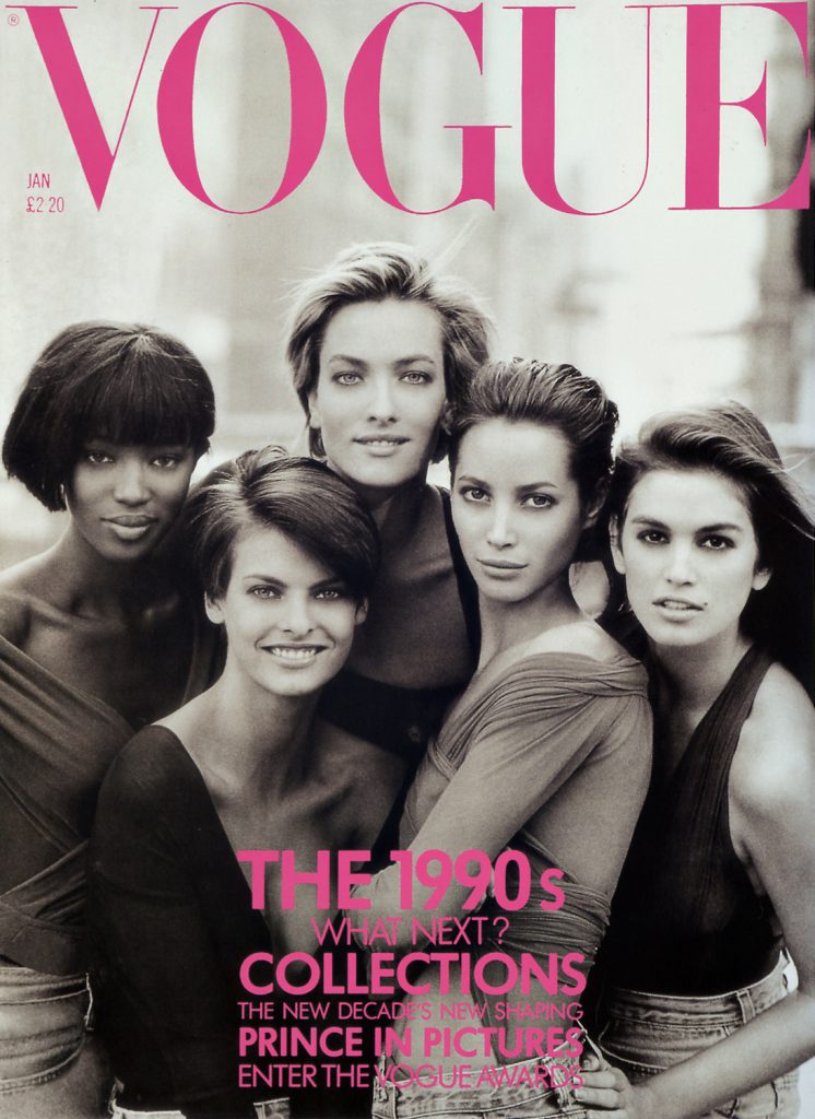 Vogue January 1990: Naomi Campbell, Linda Evangelista, Tatjana Patitz, Christy Turlington and Cindy Crawford photographed by Peter Lindbergh.
