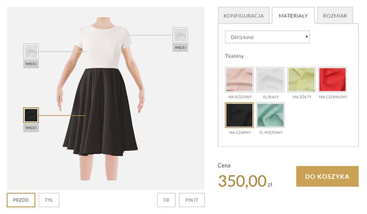 Przykładowy wygląd interfejsu sklepu By My Design z możliwościami personalizacji zamawianego ubioru